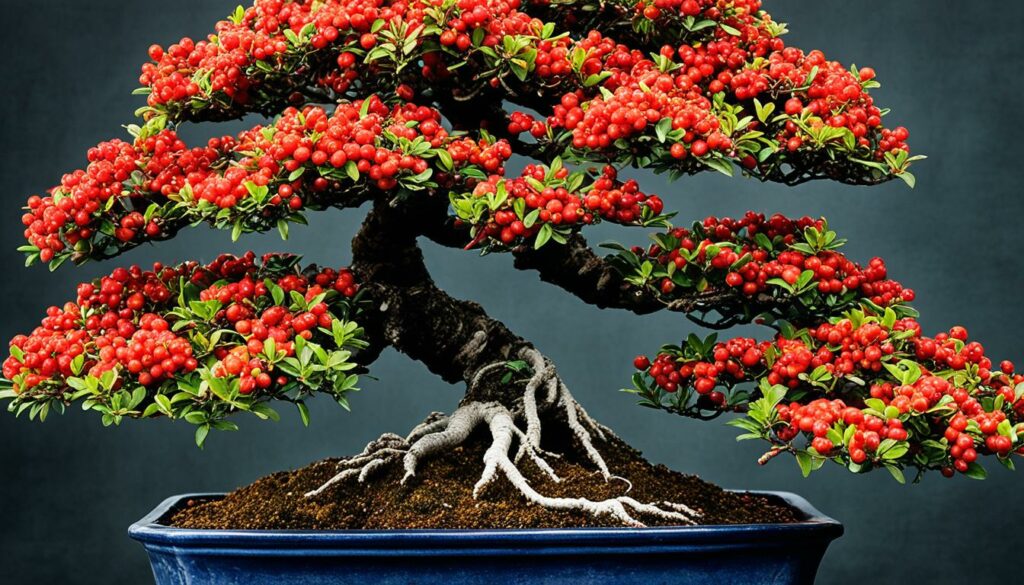 Cotoneaster bonsai with vibrant berries and delicate flowers