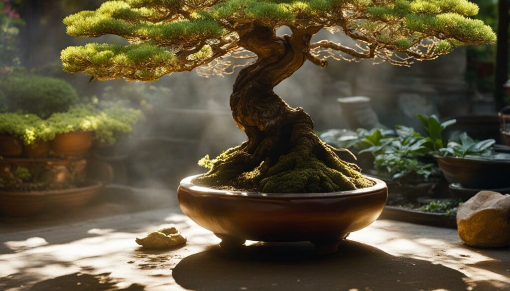 Expert repotting a garden bonsai tree
