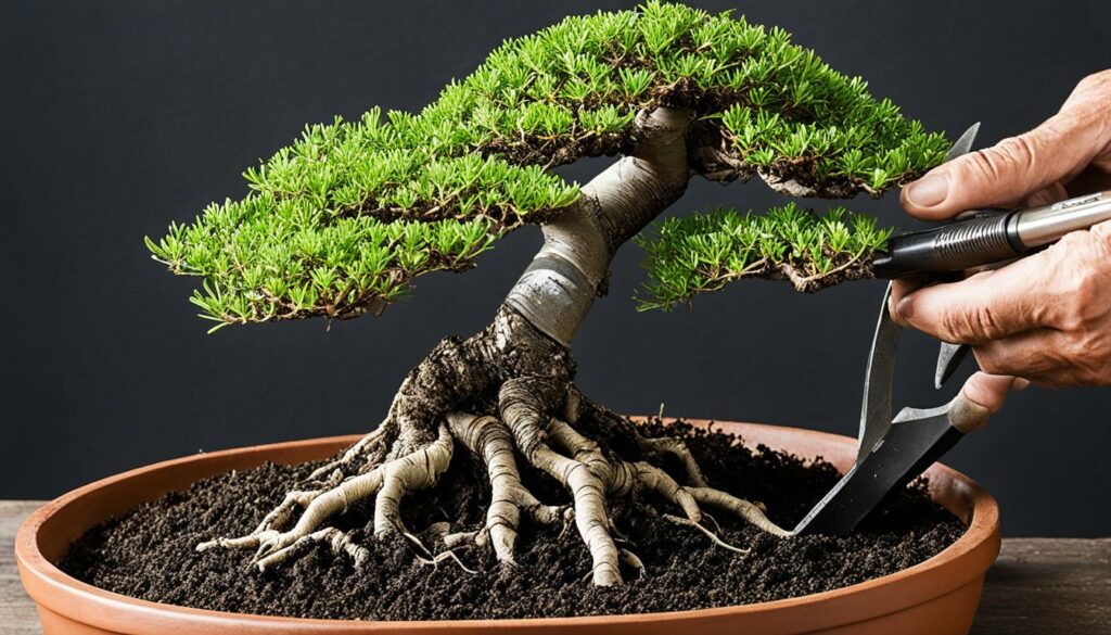 Repotting Bonsai with special soil tools